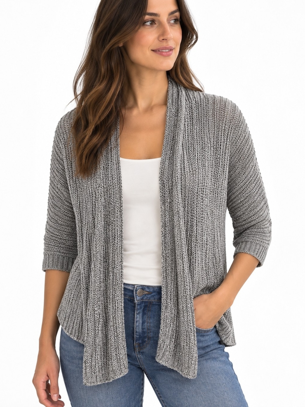 Eileen Fisher Linen Silk Open Knit Draped Cardigan Gray 3/4 Sleeve M